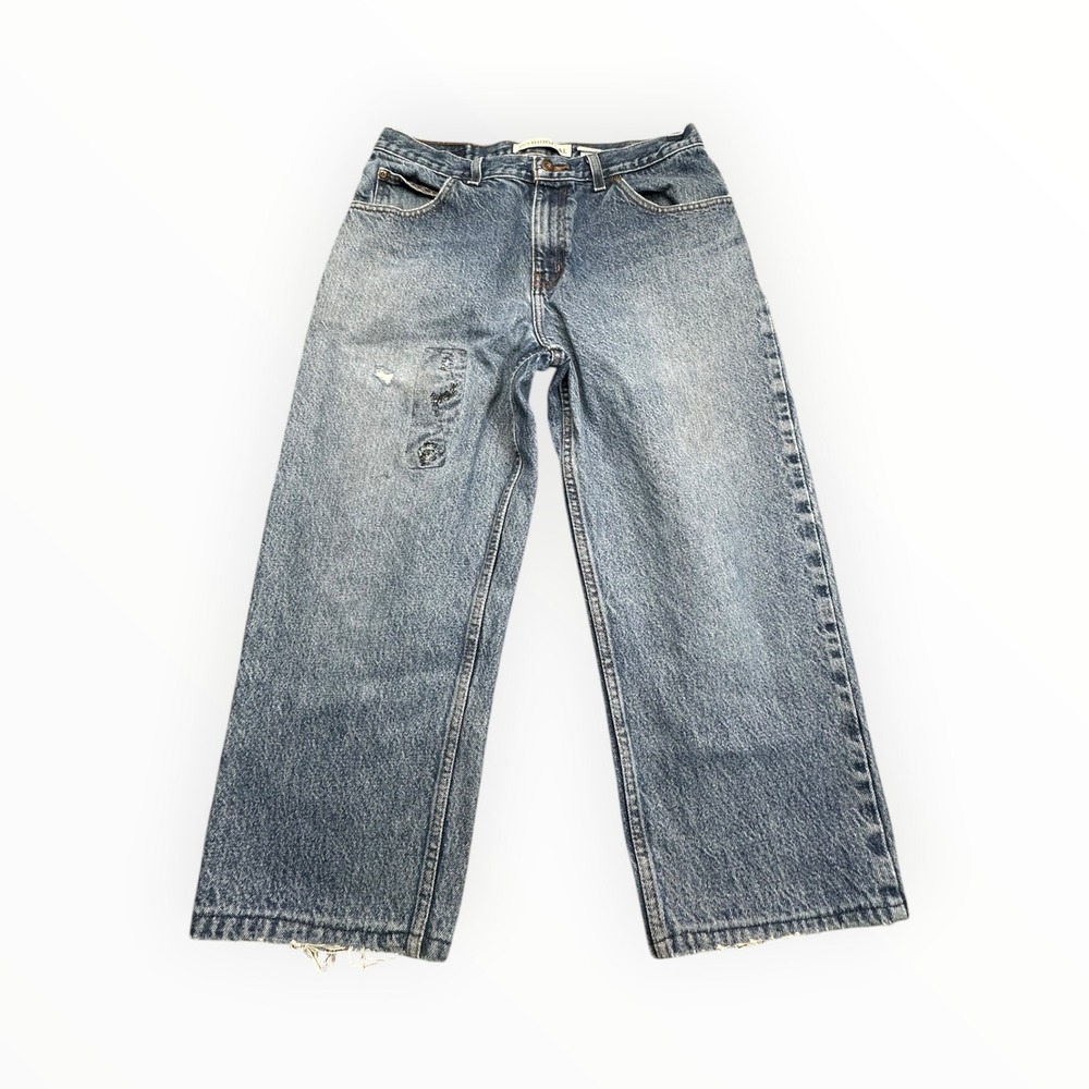 Faded Glory Jeans Mens 34x32 Blue Original Wide Leg Distressed Frayed Hem Denim